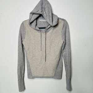 Athleta 100% Merino Extra Fine Wool Gray Cream Stripe Sweater Hooded Sz S
